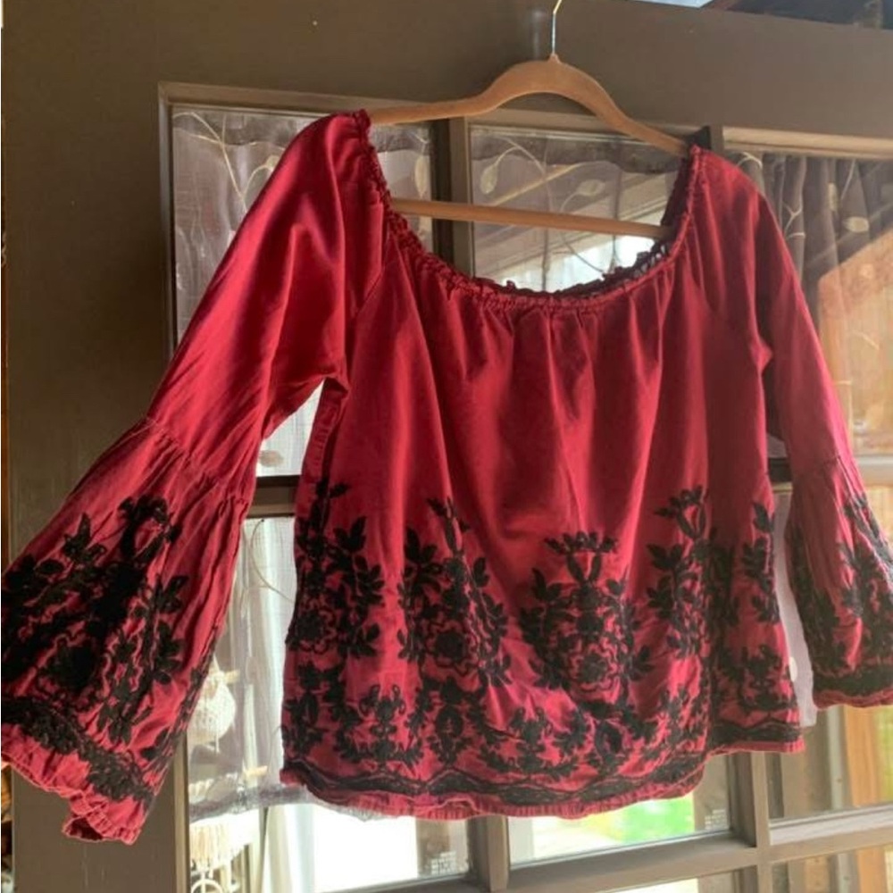Red and Black Embroidered Women's Blouse